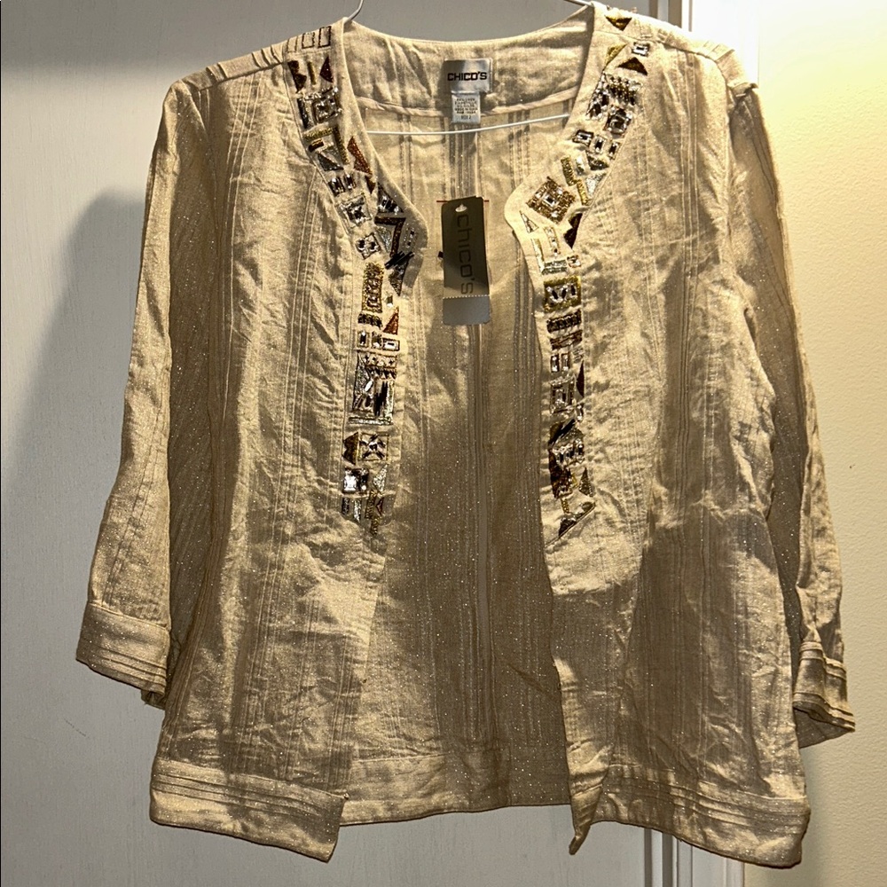 Chico's Tan Embellished Gold Shimmering Linen Blend Open Cardigan Jacket